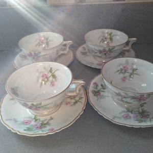 4 Haviland Limoges Sylvia Louis XIV Shape Porcelain Cup & Saucer Sets Gold Trim